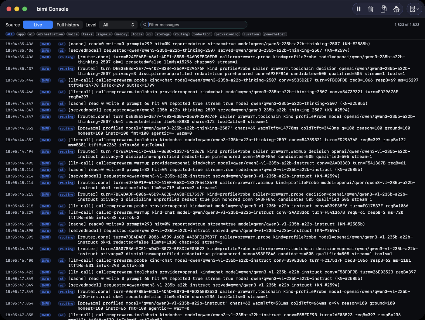 bimi's console with category filters — routing, memory, curation, tools, redaction — over 1,800 drillable log events.