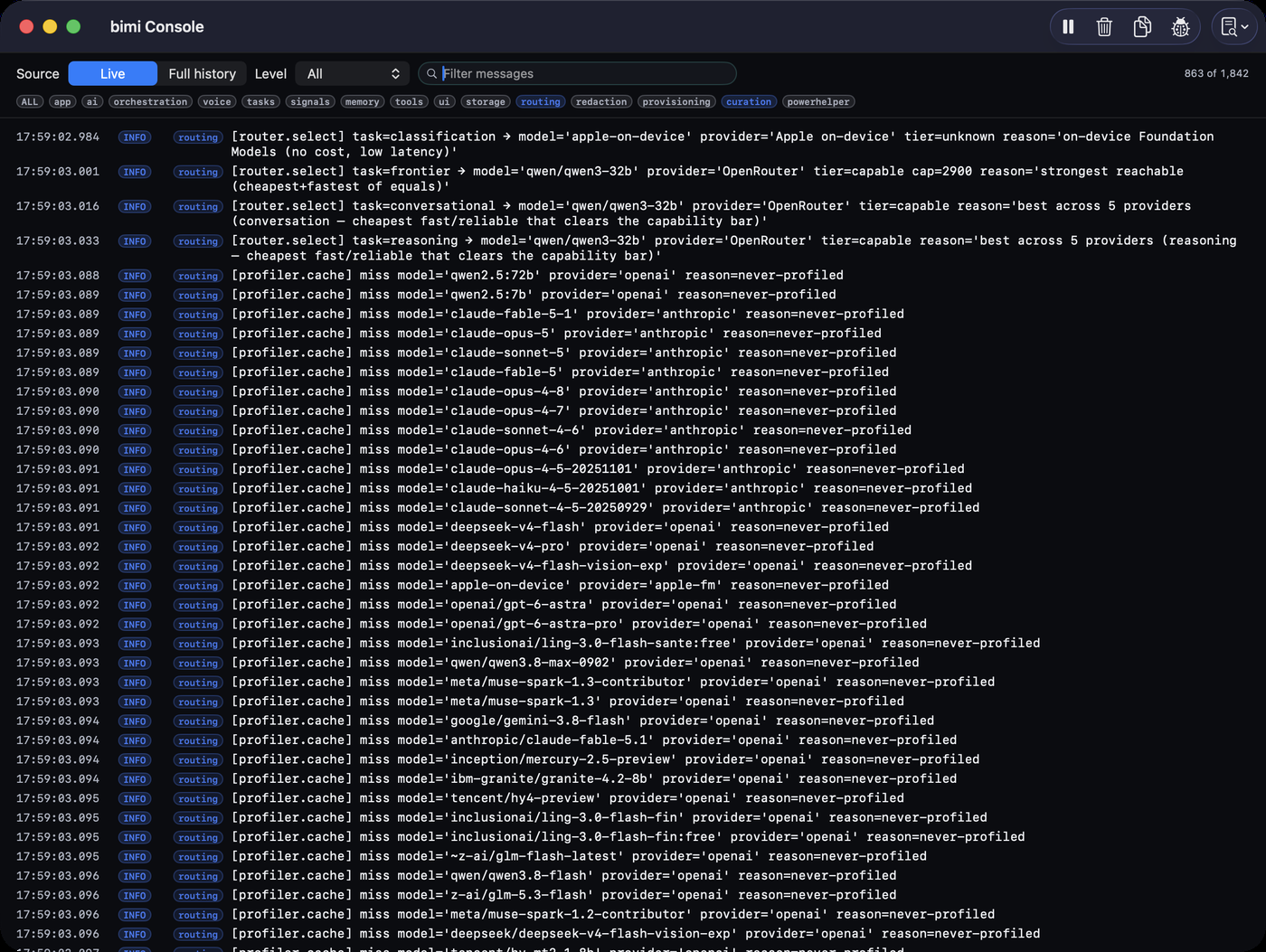 bimi's live console showing router decisions: task=reasoning routed to a capable model, 'best across 5 providers — cheapest fast/reliable that clears the capability bar', and the profiler evaluating hundreds of models.